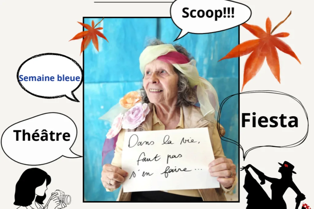 Collage d'une femme au foulard coloré tenant une pancarte manuscrite, entouré de bulles et de feuilles d'automne