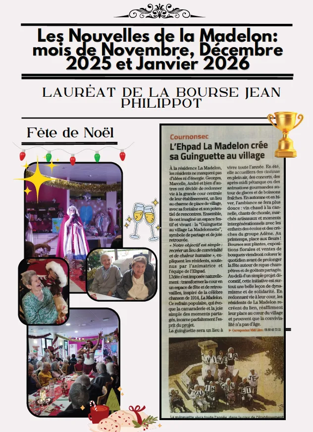 Page de journal ornée de photos de fêtes et d'un article, avec un trophée doré et des coupes illustrées
