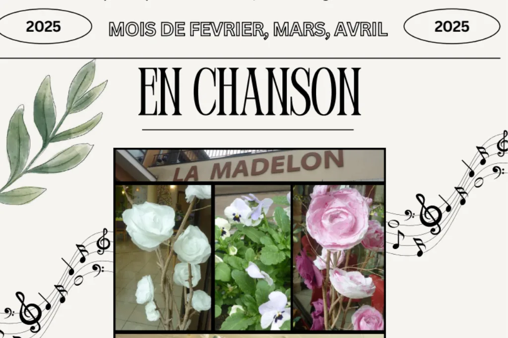 Page de journal sur fond clair, ornée de notes de musique et de trois photos de fleurs blanches, roses et violettes